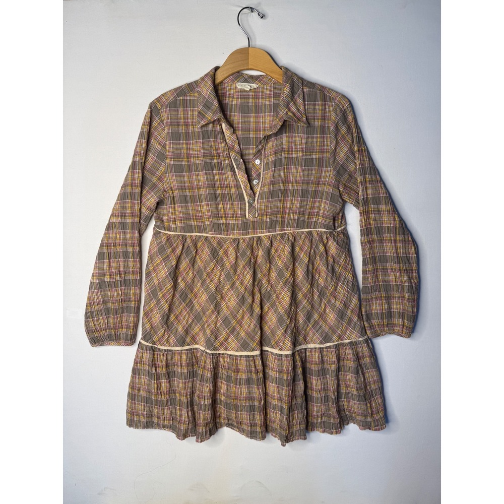 Promesa Plaid Babydoll Long Sleeeve Mini Dress Brown Pink Yellow Tiered Cotton S
